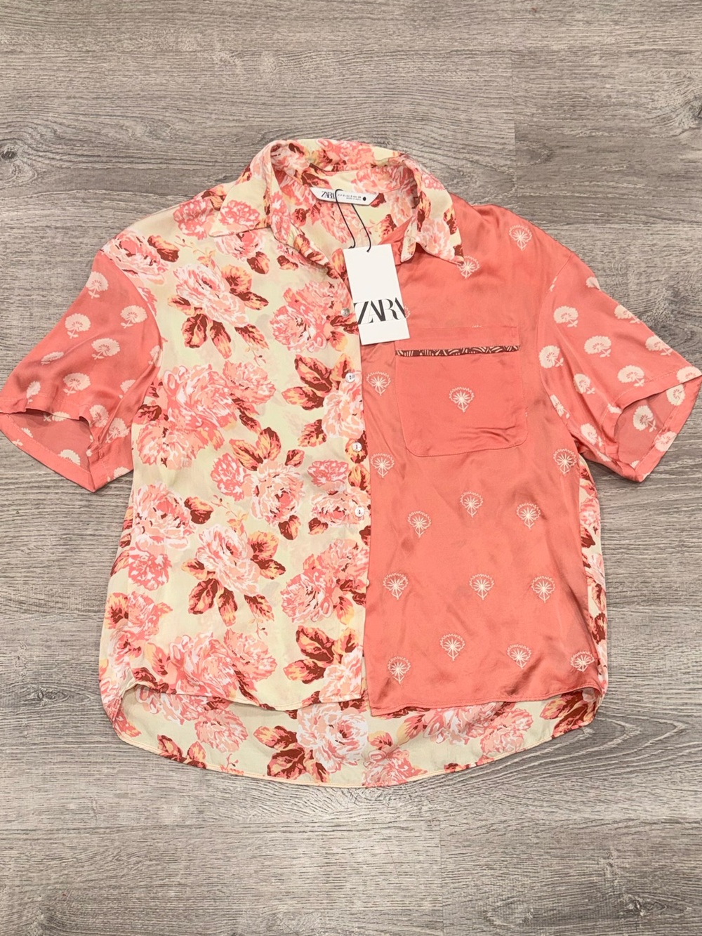 NWT ZARA SATIN SHORT SLEEVE TWO TONE FLORAL SEA SHELL BLOUSE TOP S